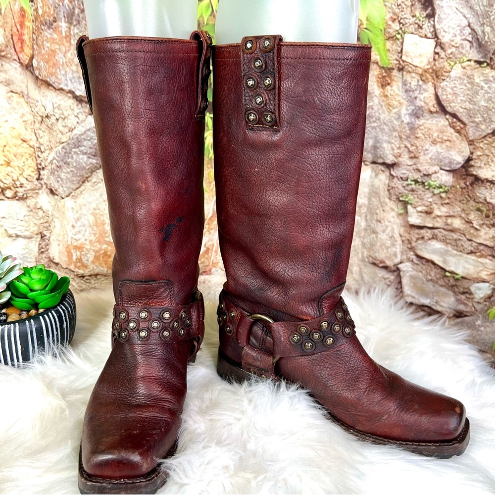 FRYE Heath Disc Harness Distressed Cognac Leather Boots, Beautiful Patina, 6B - Picture 8 of 16